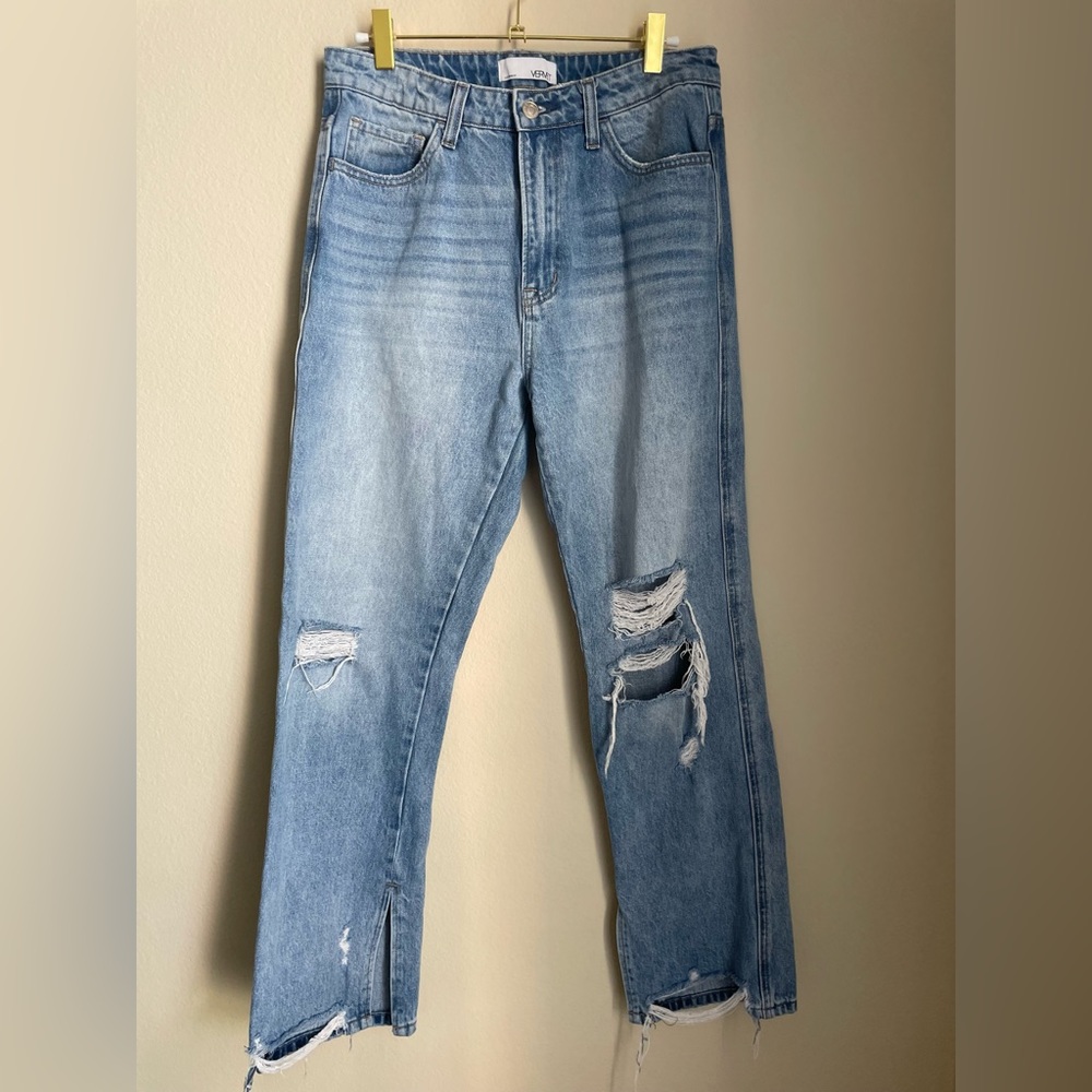 Vervet By Flying Monkey Medium Wash Distressed Split Hem Straight Leg Jeans
